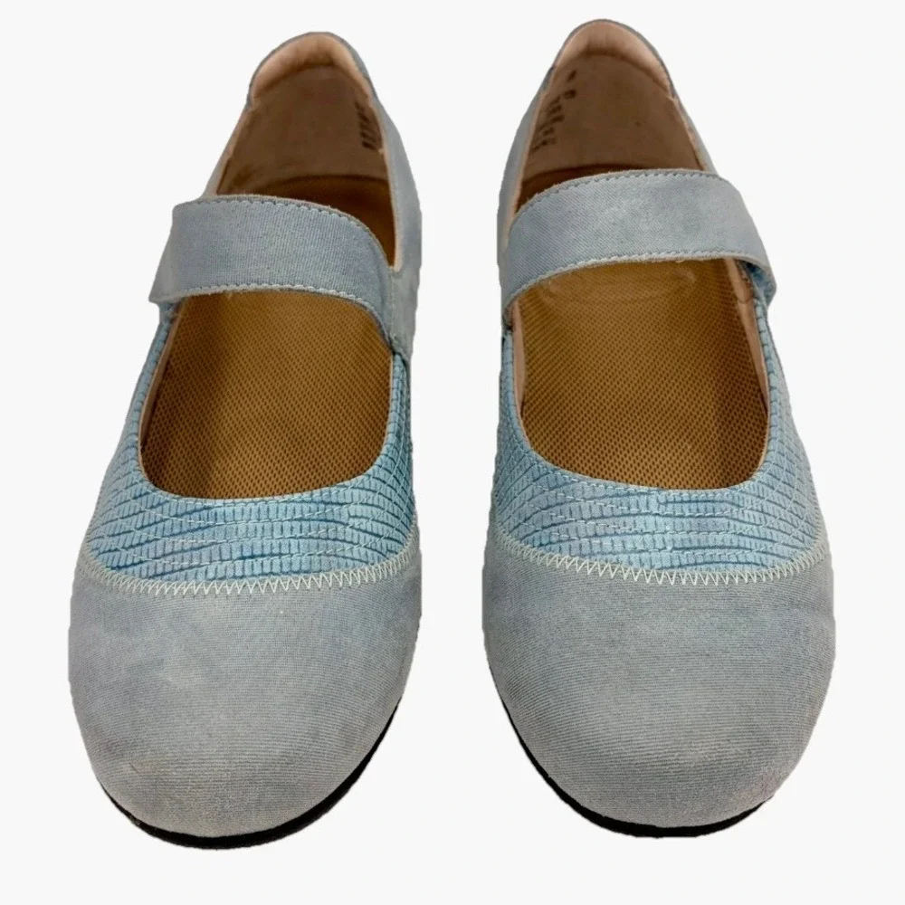 Drew Mary Janes Genoa Flats Women 9.5W WIDE Blue Suede Adjust Comfort Orthopedic